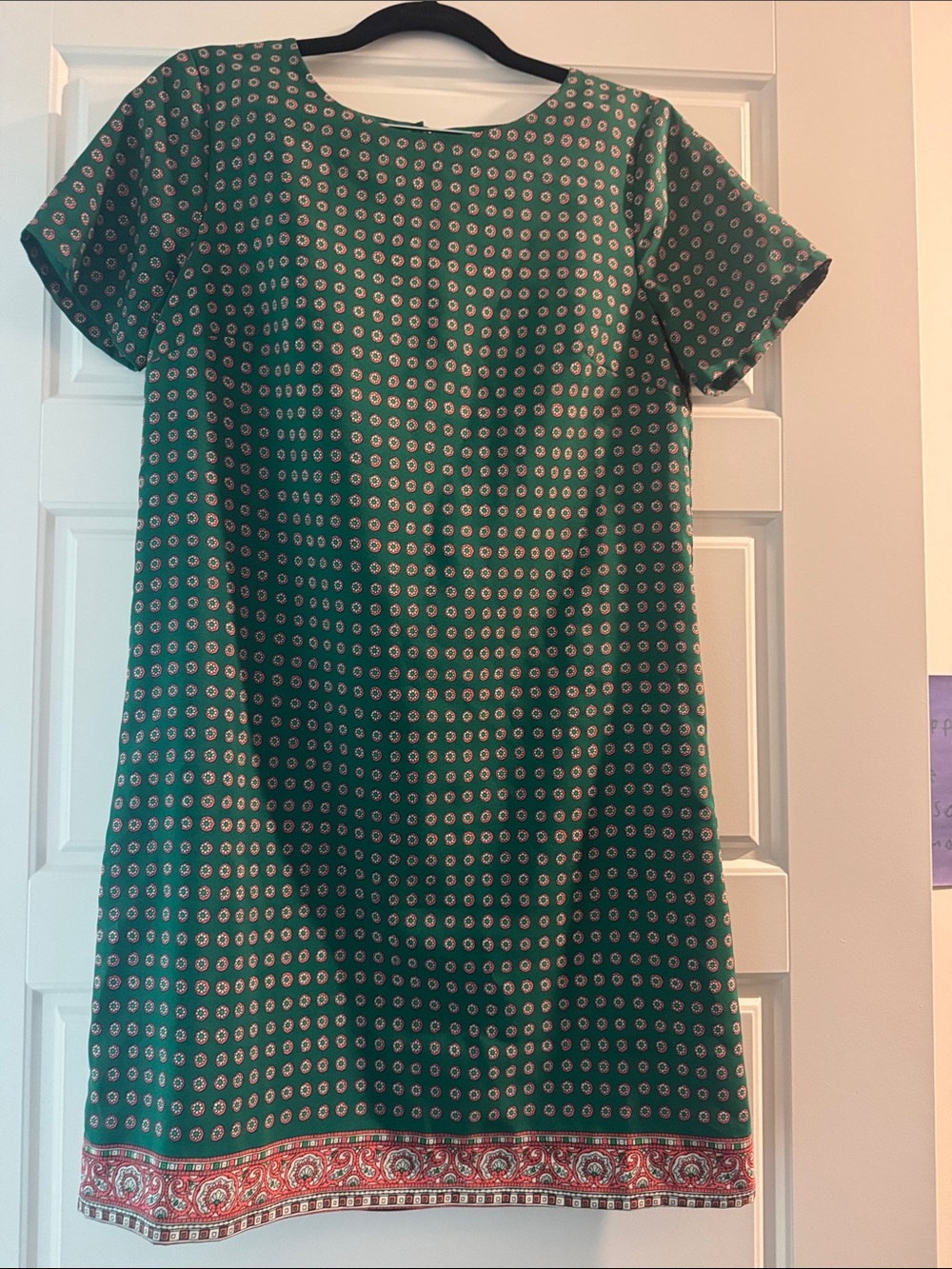 J. Crew Teal Green Printed Short Sleeve Shift Dress with Red Accent